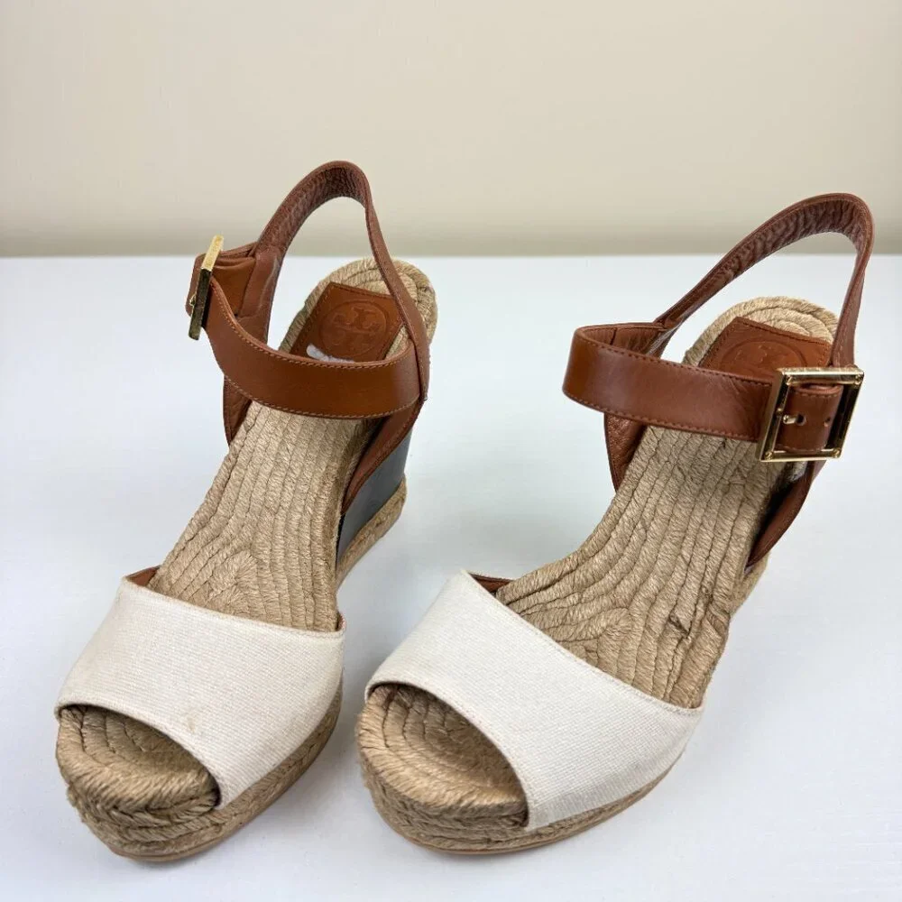 Tory Burch Espadrille Wedge Sandals White Canvas Toe Brown Leather Ankle Strap